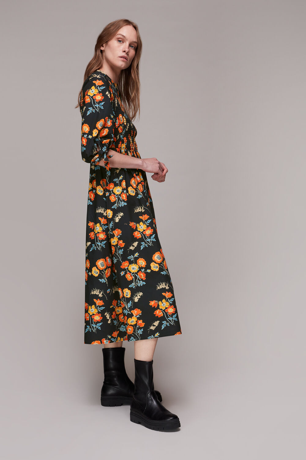 Shirred Floral Midi Dress