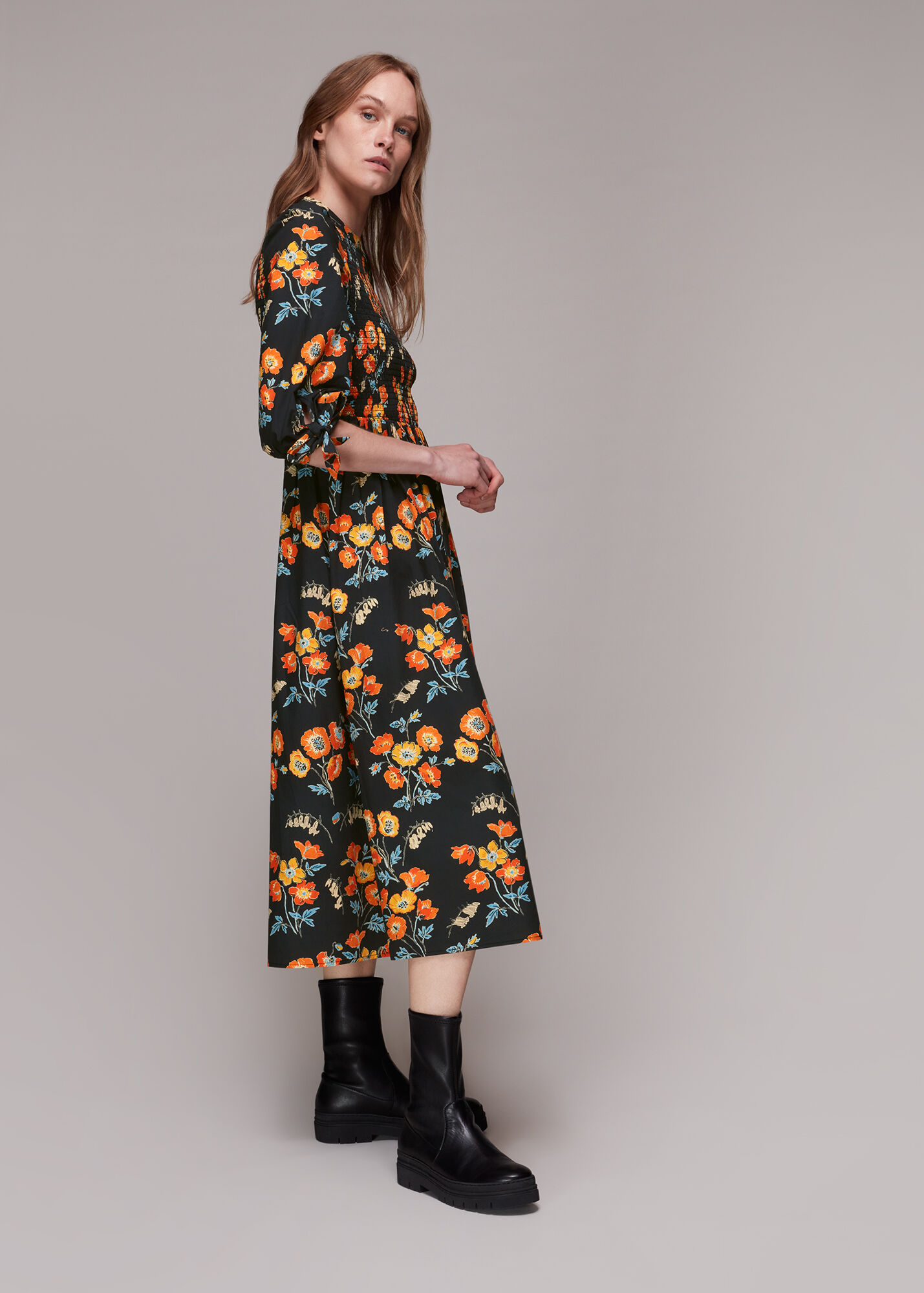 Black/Multi Shirred Floral Midi Dress | WHISTLES | Whistles UK