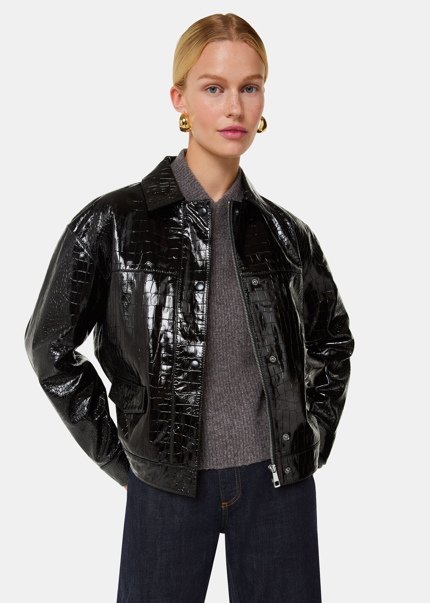 Black Casi Patent Leather Croc Biker | WHISTLES | Whistles US |