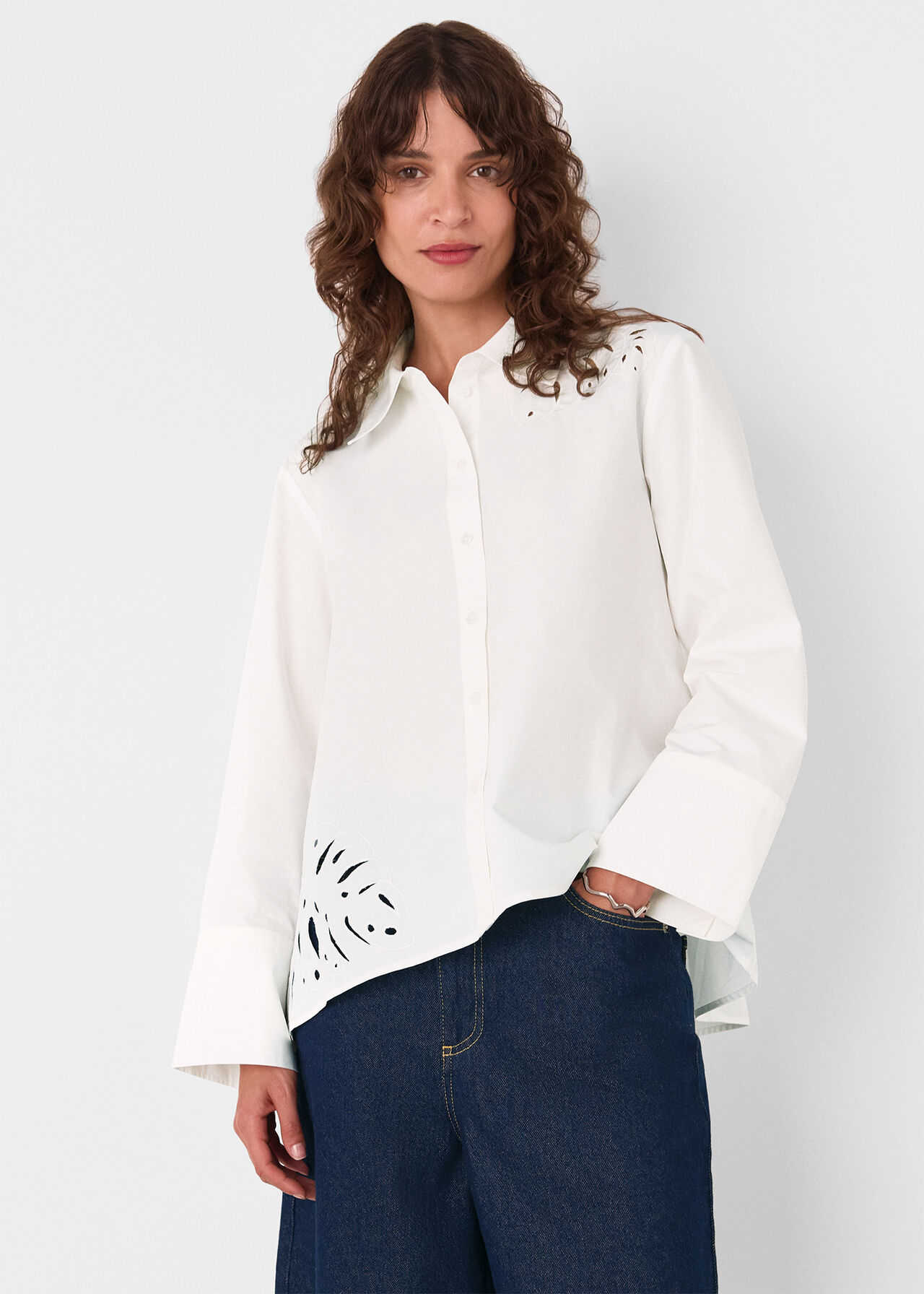Leaf Embroidered Cotton Shirt