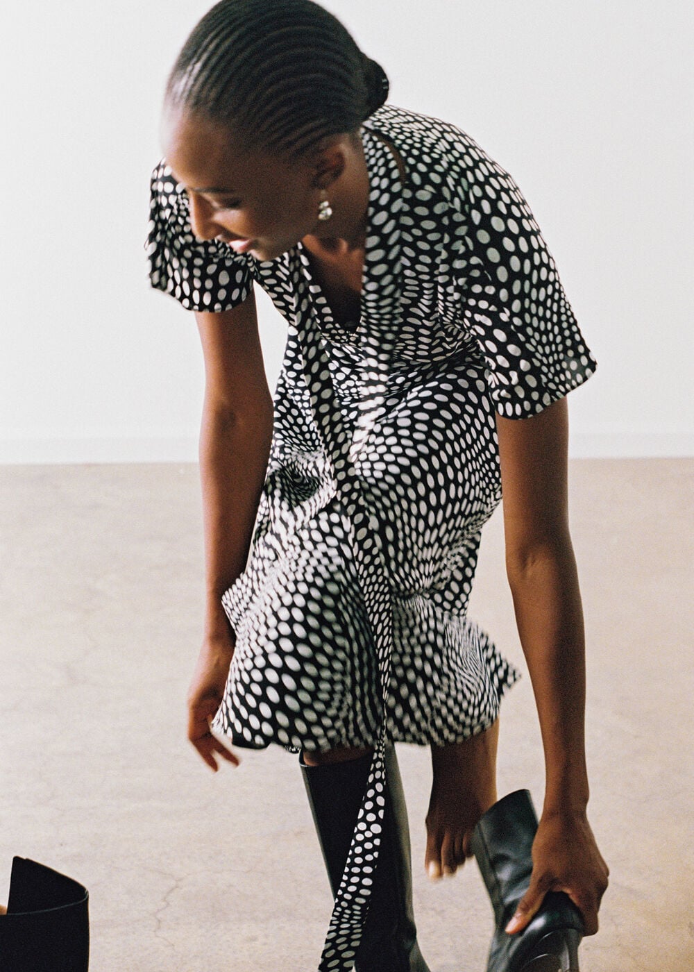 Black Mixed Spot V Neck Midi Dress