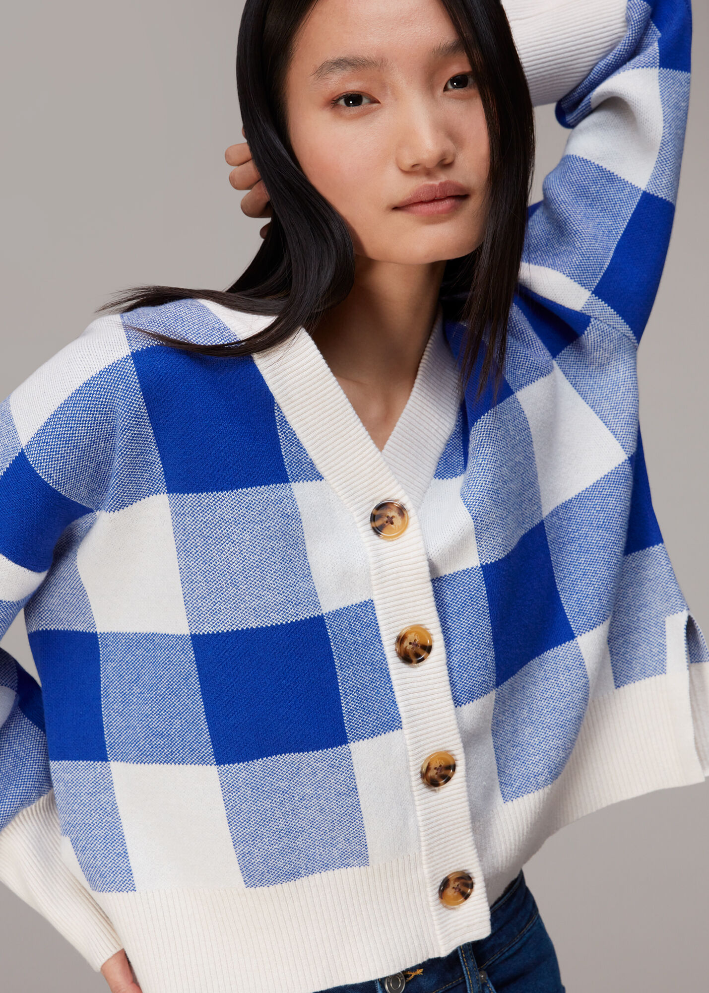 Blue/Multi Suki Checked Cardigan | WHISTLES | Whistles US |
