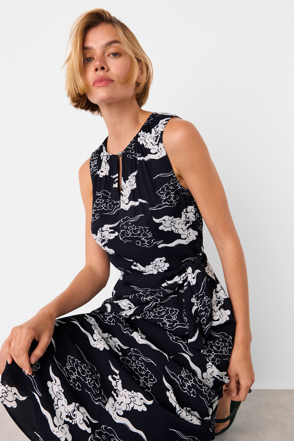 Navy Cloud Tie Waist Midi Dress
