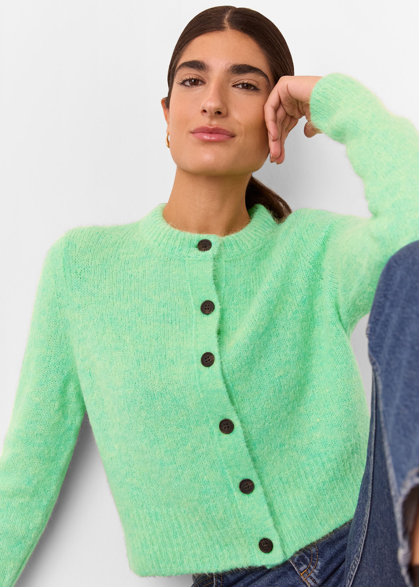 Green Alpaca Crew Neck Cardigan | WHISTLES | Whistles US |