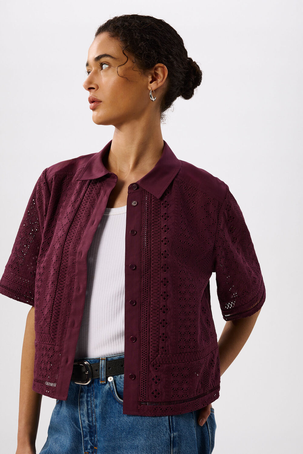 Plum Broderie Cotton Shirt