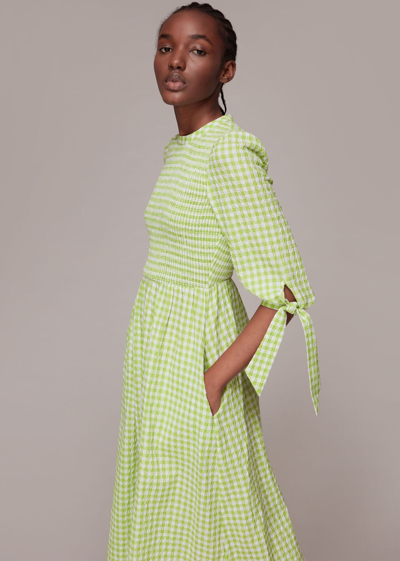 Gingham Check Shirred Dress