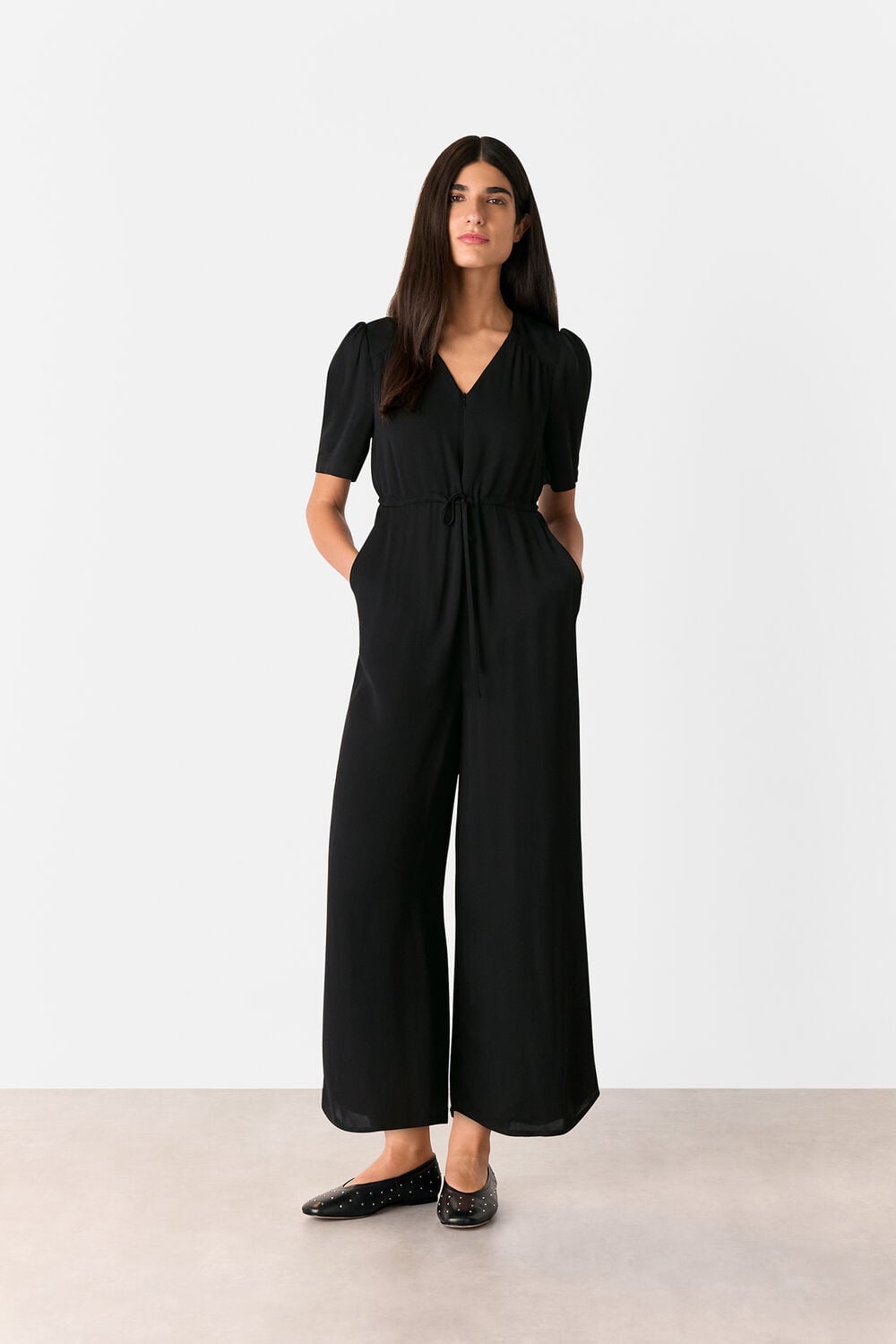 Black Short Sleeve Tie Jumpsuit
