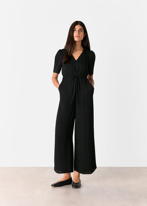 Black Short Sleeve Tie Jumpsuit