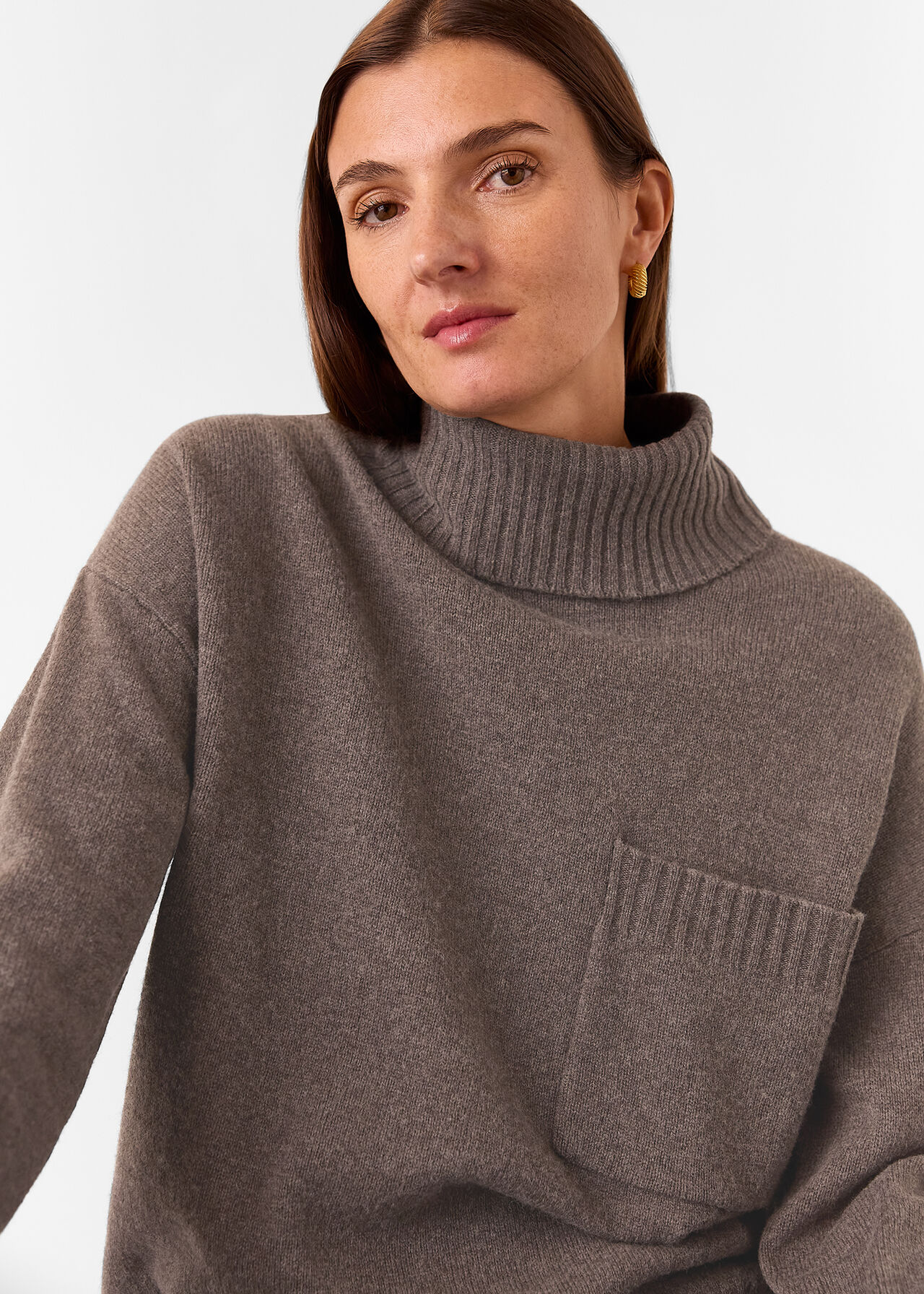 Chocolate Wool Roll Neck Pocket Sweater | WHISTLES | Whistles UK