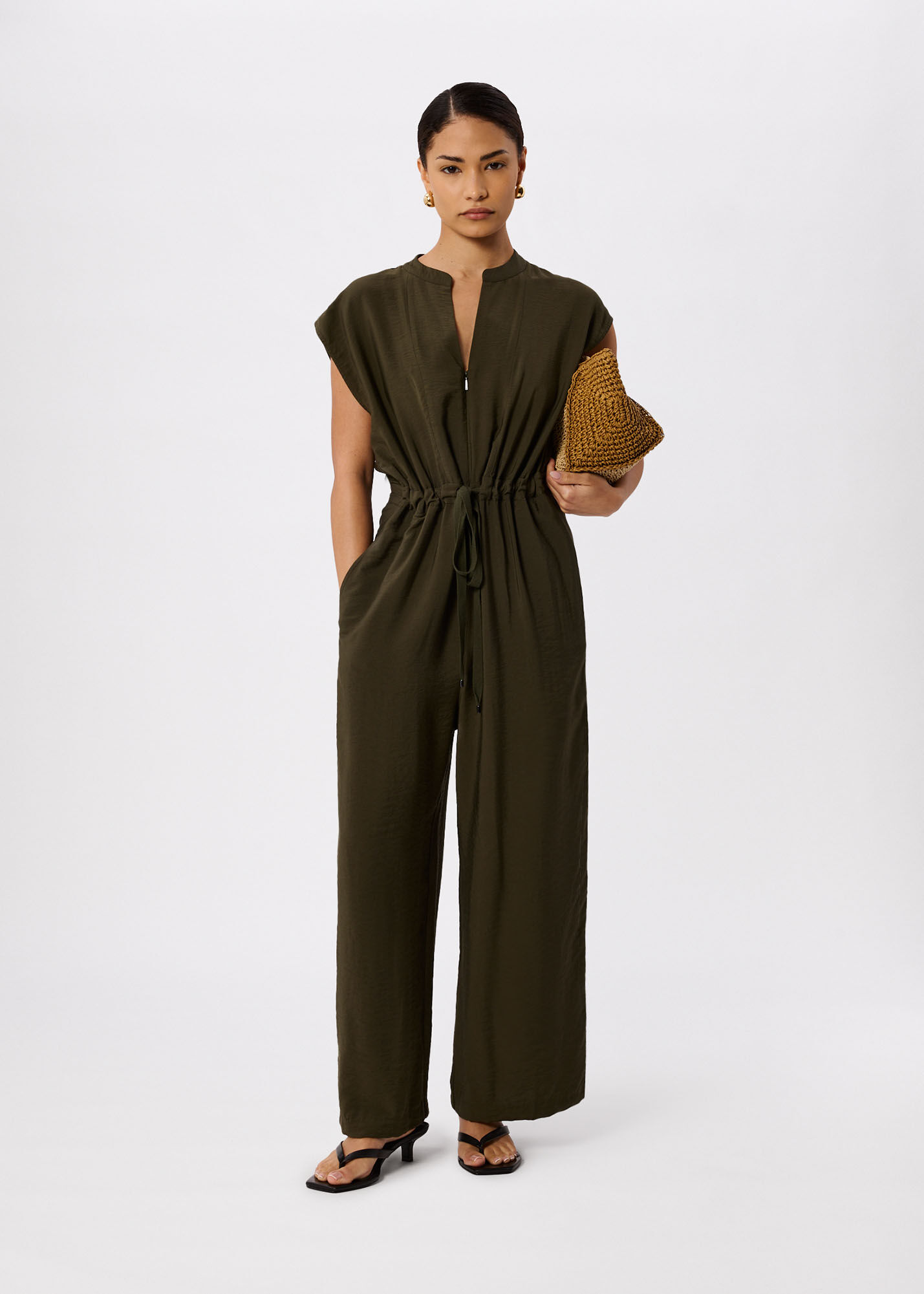 Khaki Sleeveless Drawstring Jumpsuit | WHISTLES | Whistles US |