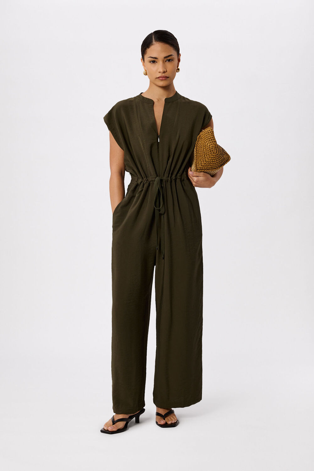 Khaki Petite Sleeveless Drawstring Jumpsuit