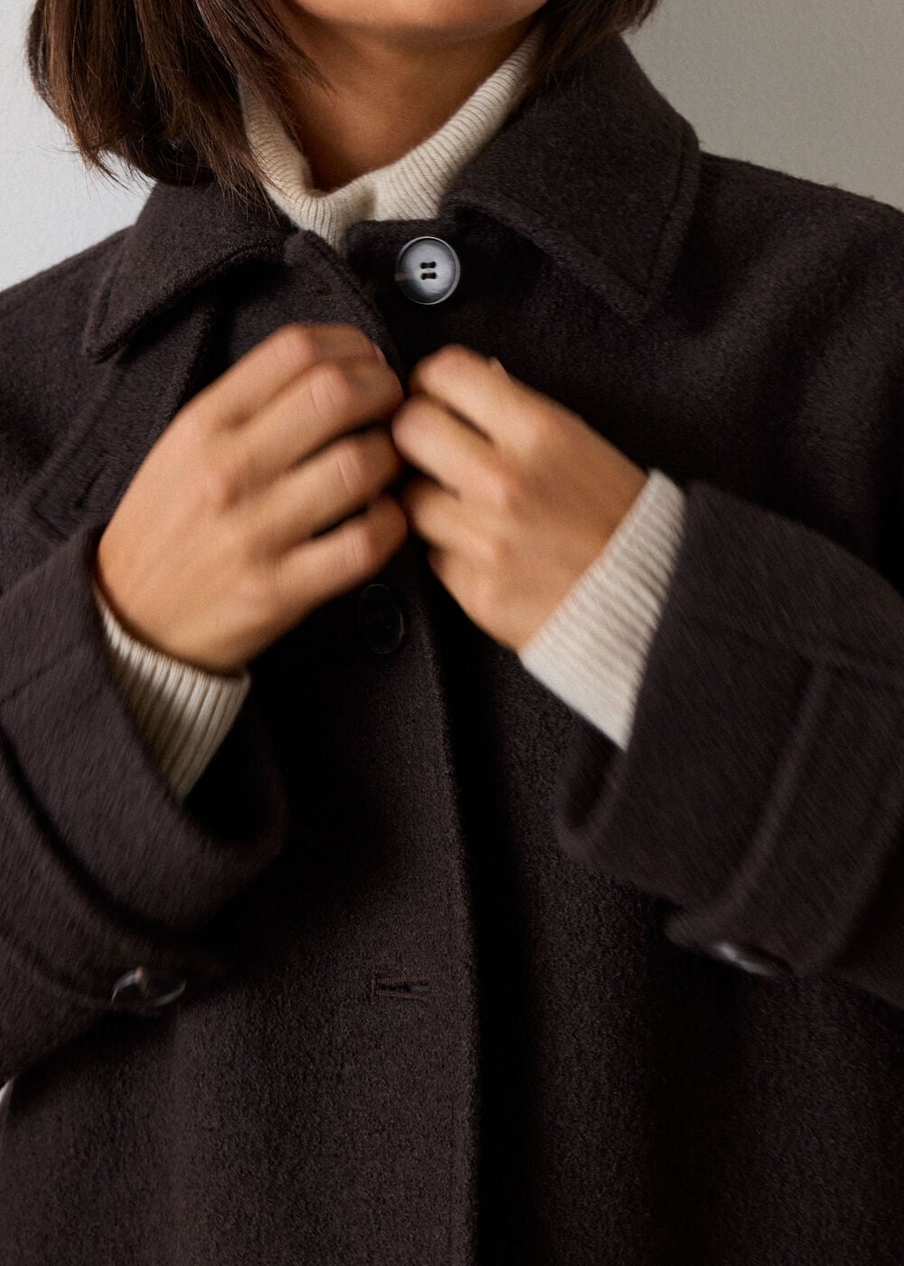 Brown Short Textured Wool Coat