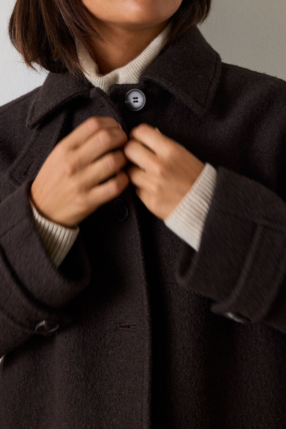 Brown Short Textured Wool Coat