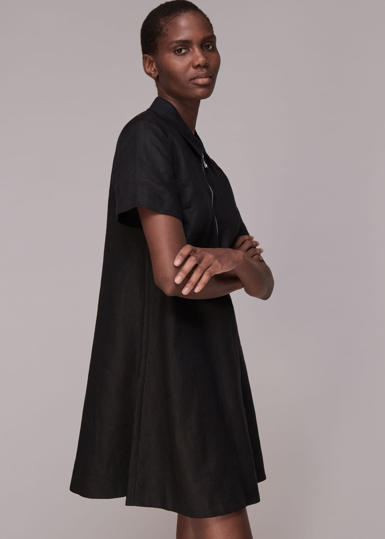 Black Zip Front Linen Dress | WHISTLES