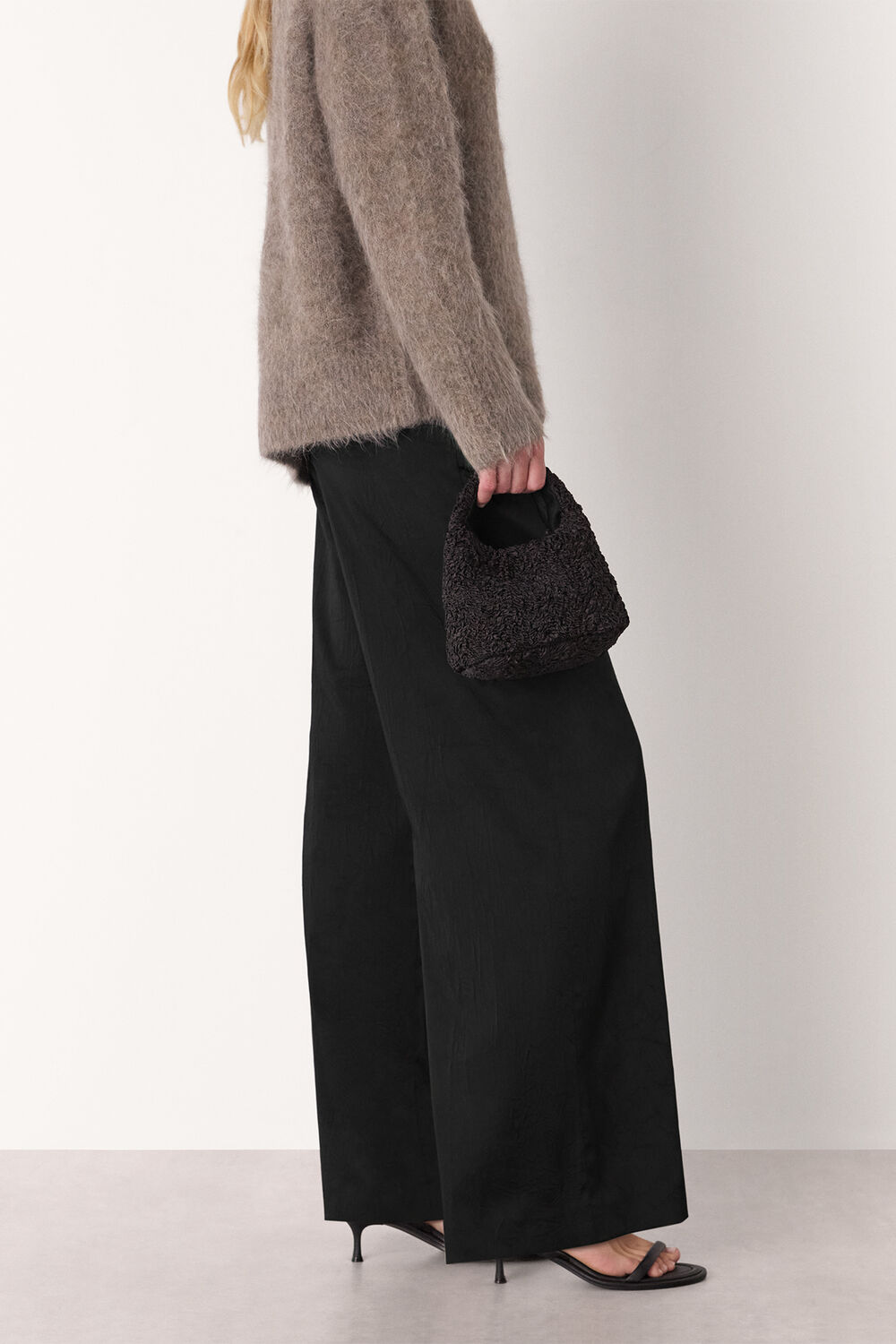 Black Textured Satin Pintuck Trouser