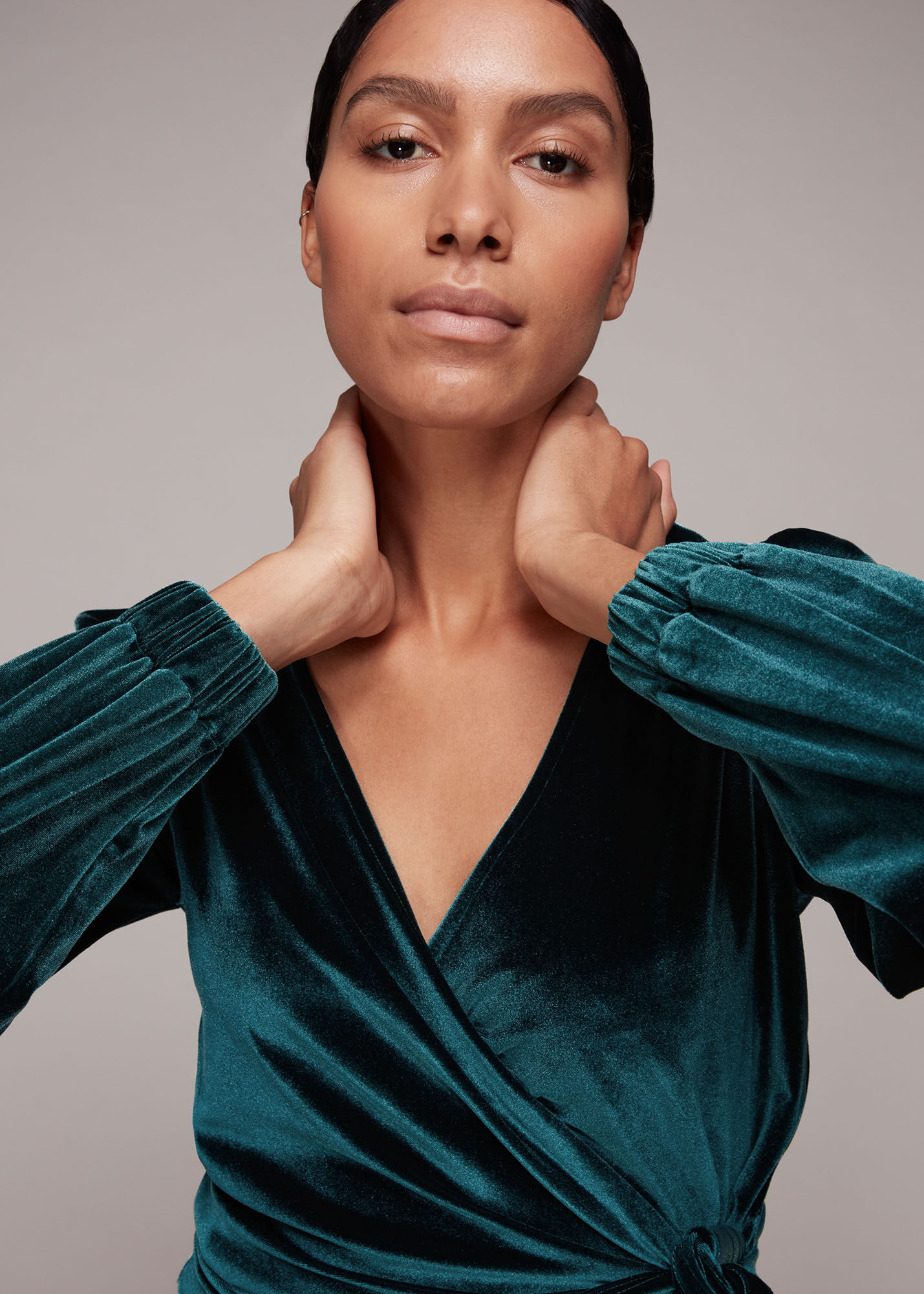 Green Velvet V Neck Wrap Top | WHISTLES 