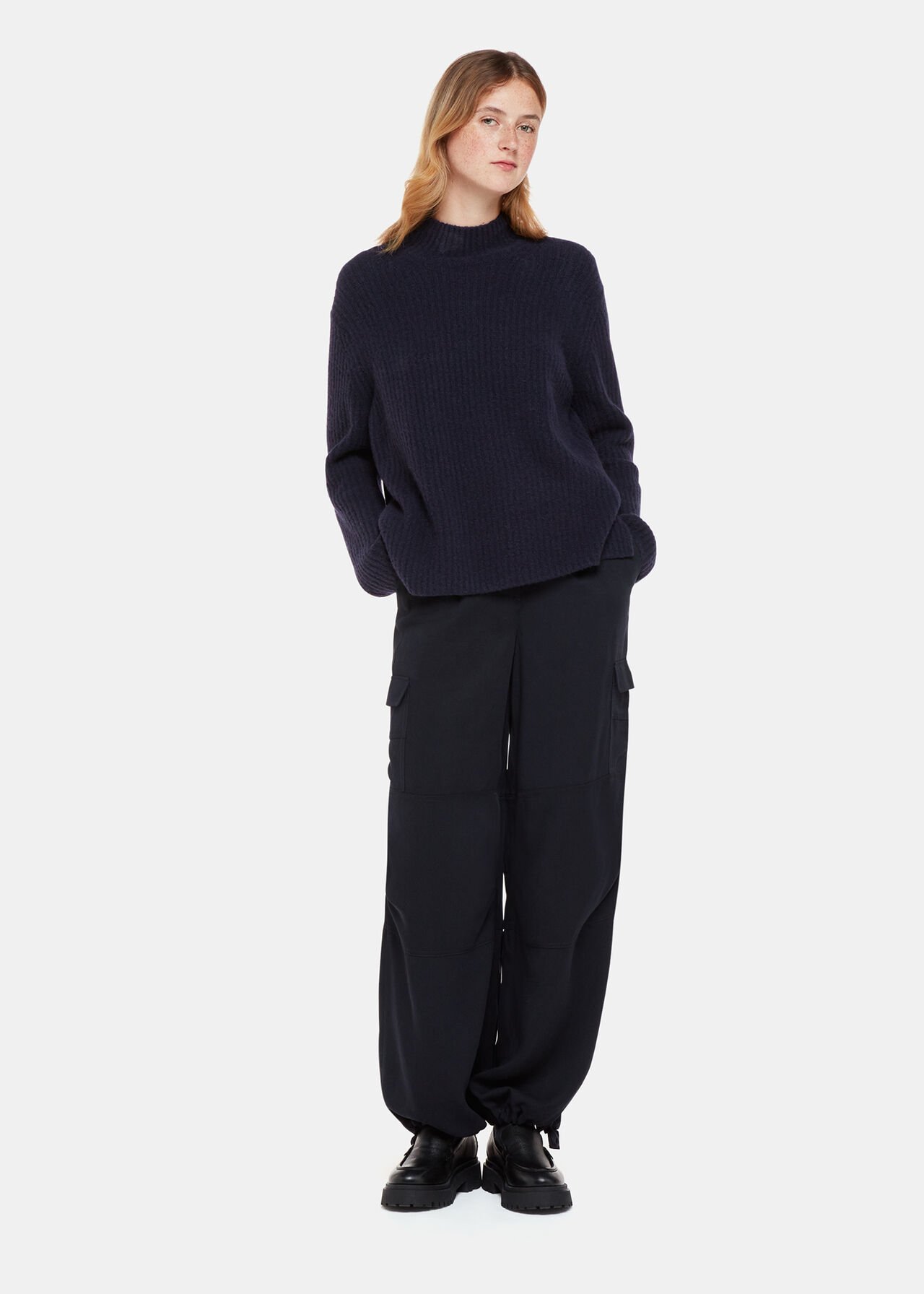 Navy Wool Mix Rib Funnel Neck | WHISTLES