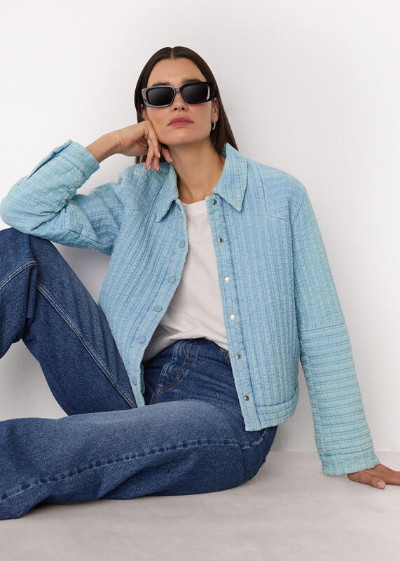 Pale Blue Cotton Quilted Chambray Jacket