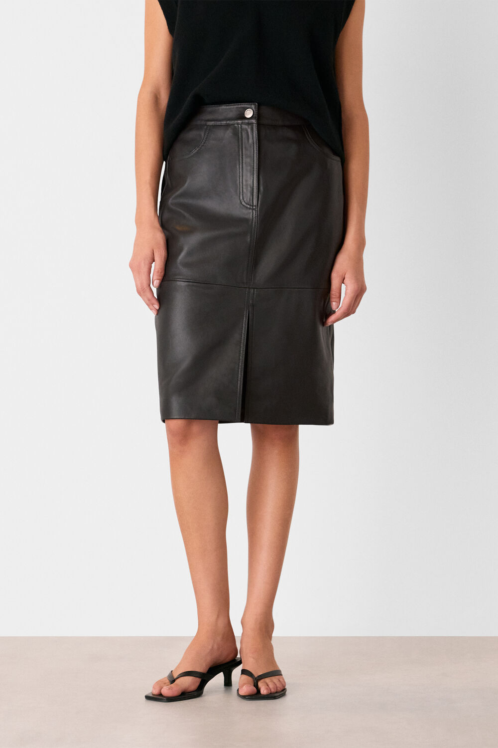 Black Leather Front Split Midi Skirt