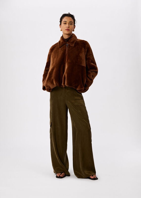 Chocolate Gathered Shearling Jacket