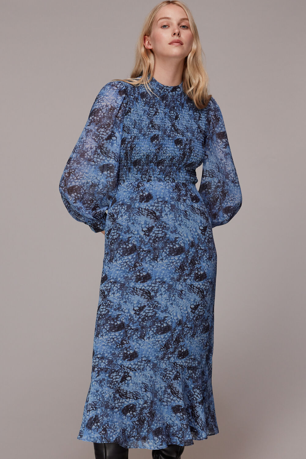 Snow Flurry Shirred Midi Dress