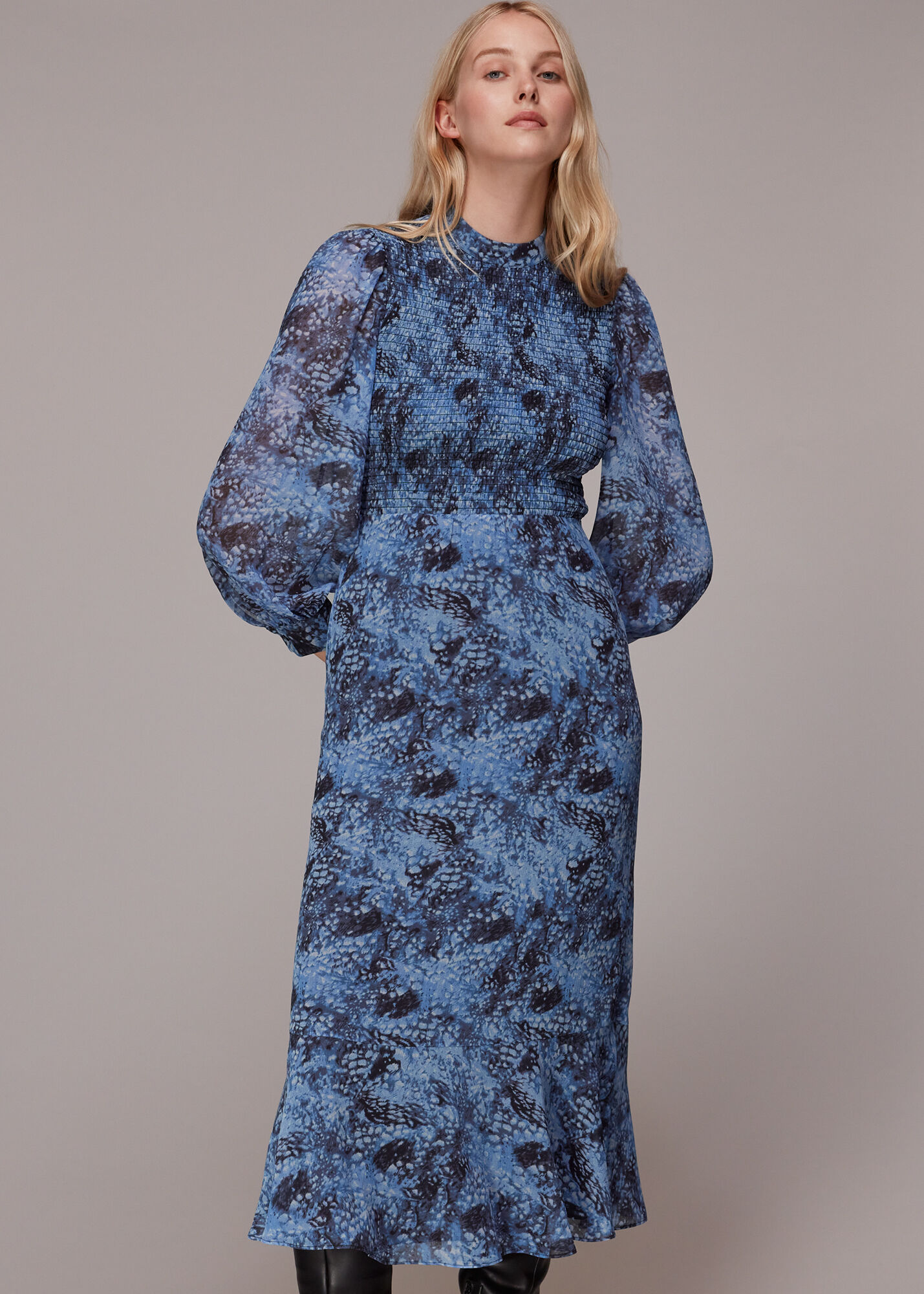 Blue/Multi Snow Flurry Shirred Midi Dress | WHISTLES
