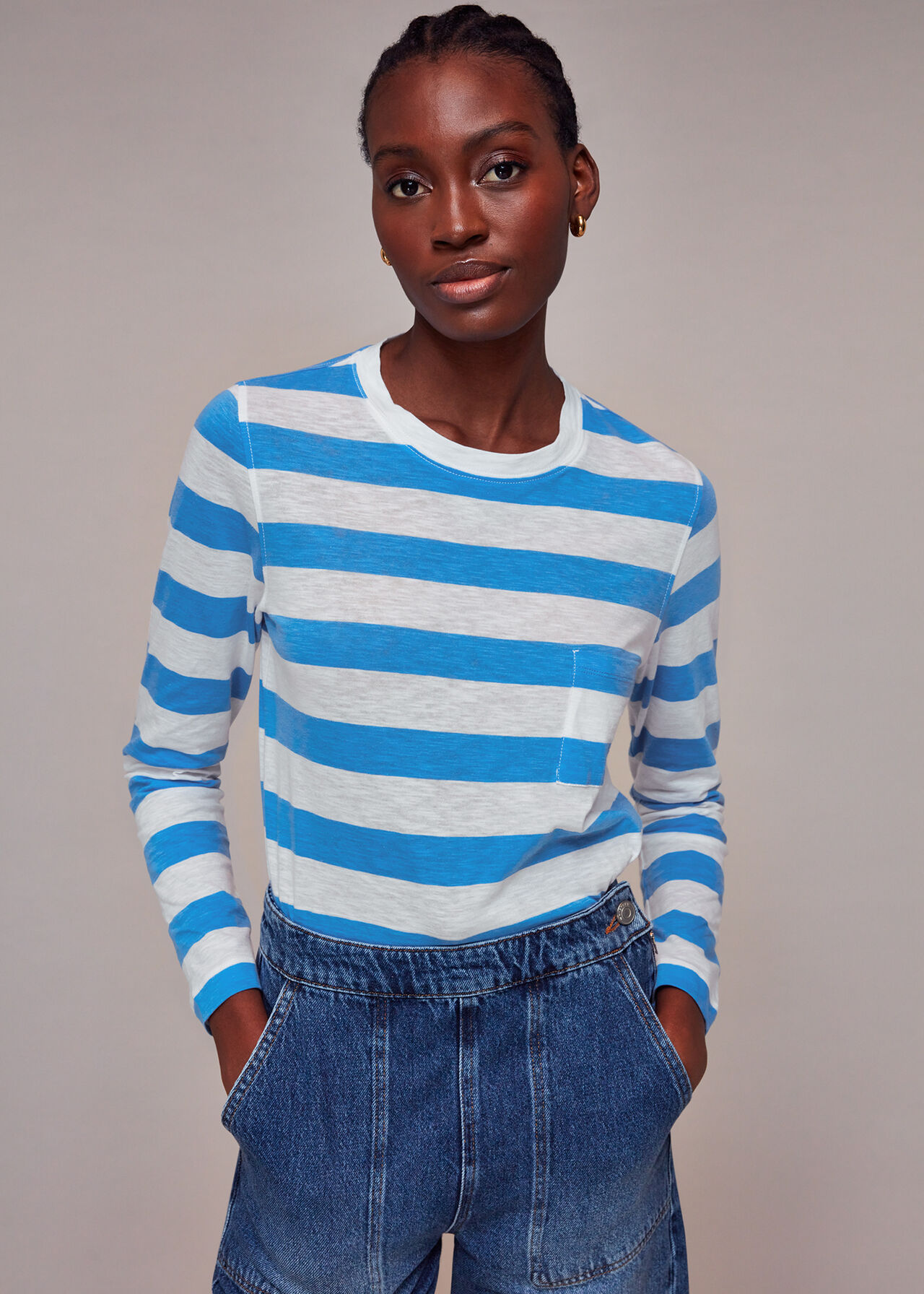 Stripe Crew Neck Pocket Top