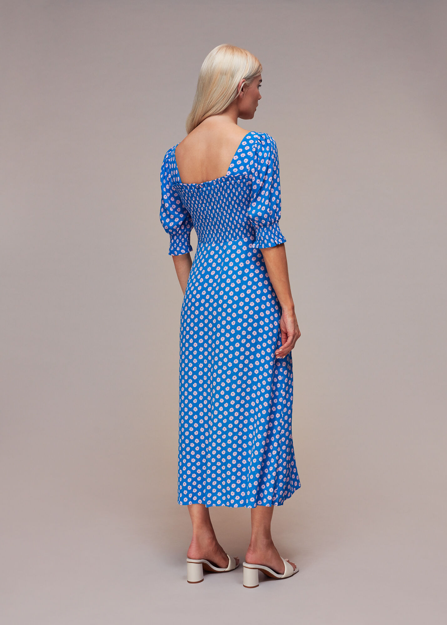 Blue/Multi Floral Sunburst Shirred Dress WHISTLES