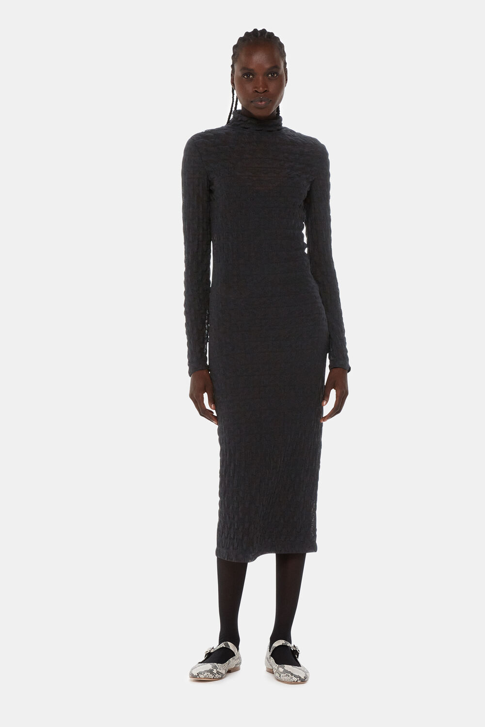 Black Textured Long Sleeve Dress