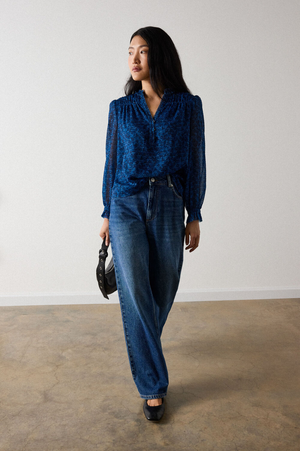 Blue Floral Textured V Neck Blouse