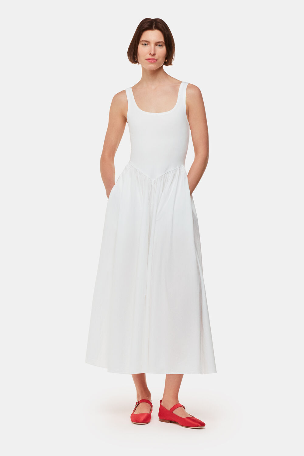 White Poplin Cotton Mix Midi Dress
