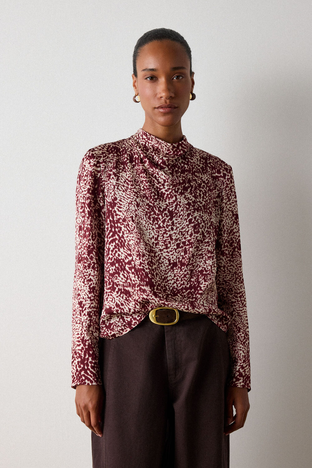 Burgundy Feathered Animal Satin Blouse