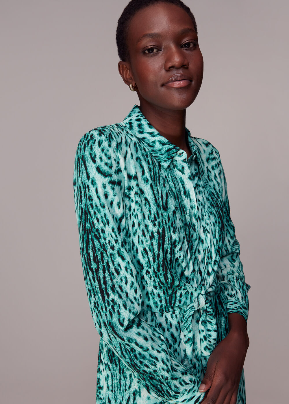 Whistles Brushed Leopard Tie Midi Dress Green/Multi Size 0