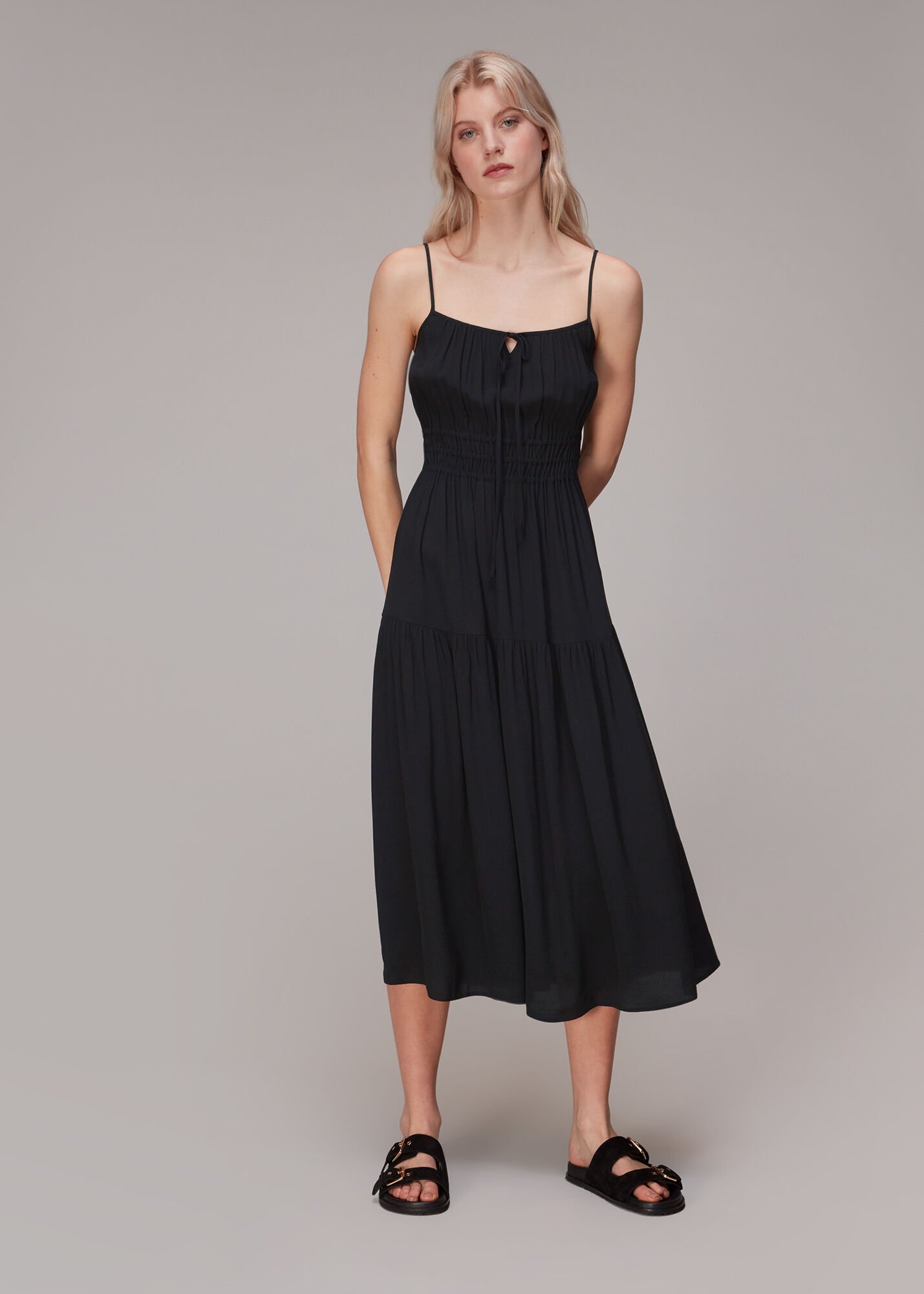Black Gracie Crepe Smocked Dress WHISTLES