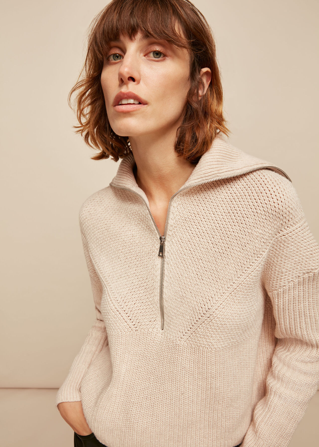 Oatmeal Knitted Zip Neck Sweater | WHISTLES