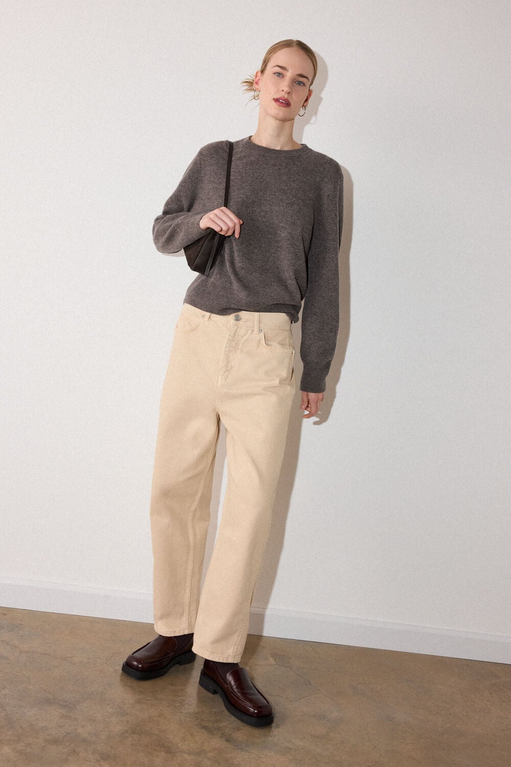 Neutral Bold Shoulder Crew Neck Knit
