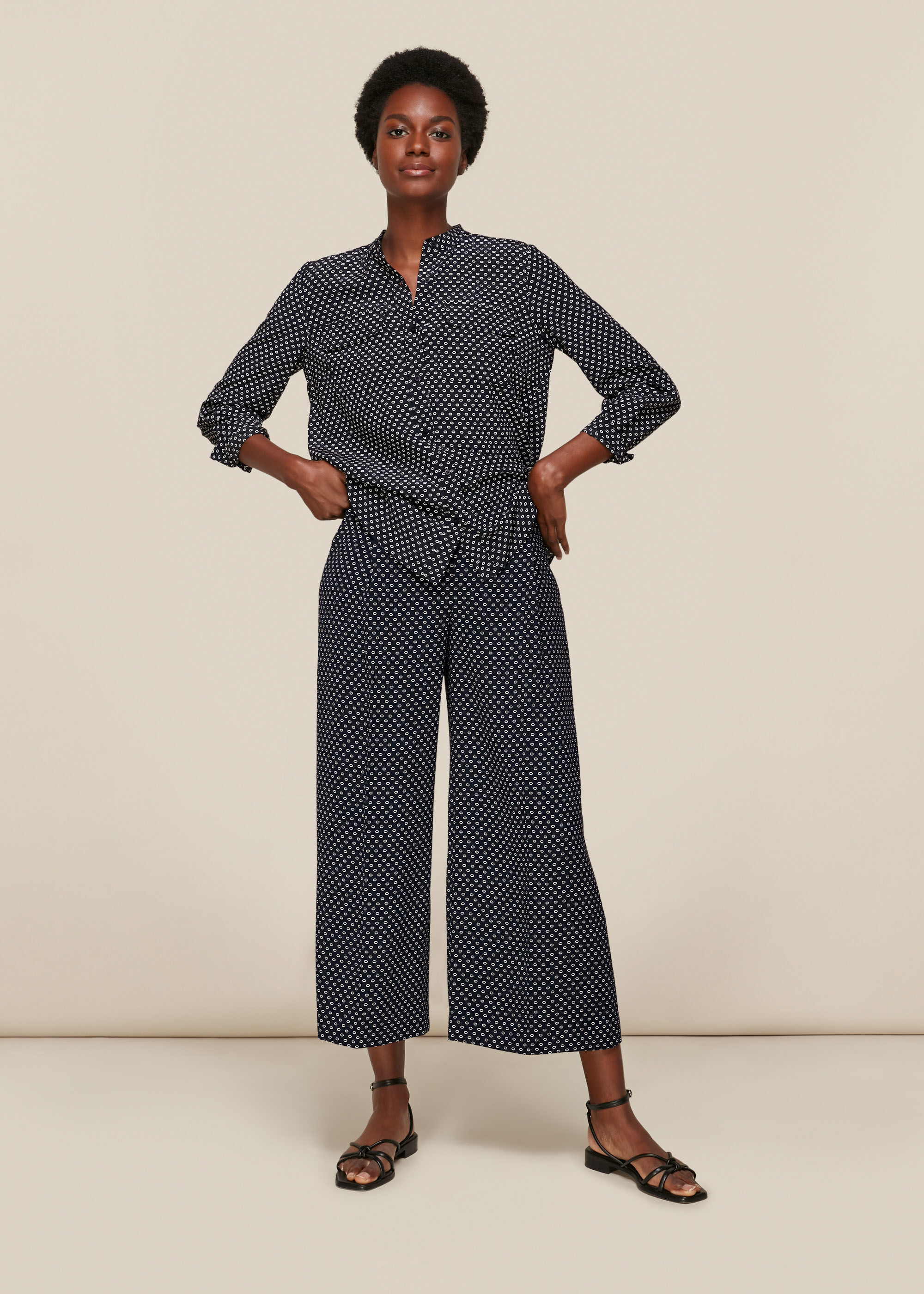 Navy Multi Circle Spot Print Silk Blouse WHISTLES