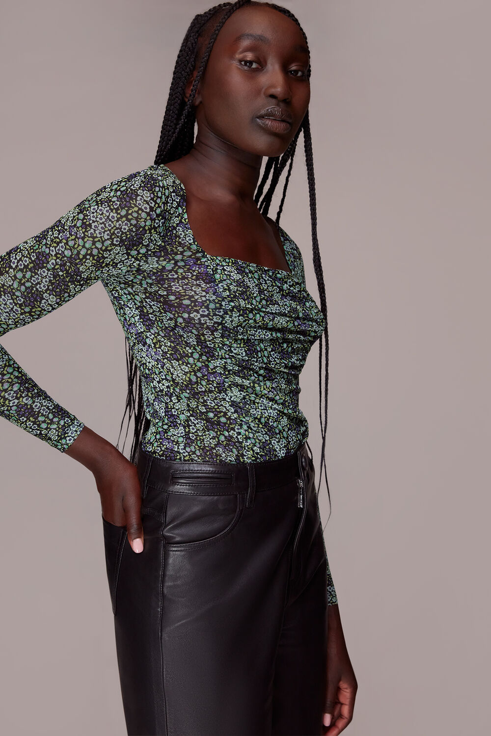 Green Mesh Square Neck Gathered Top