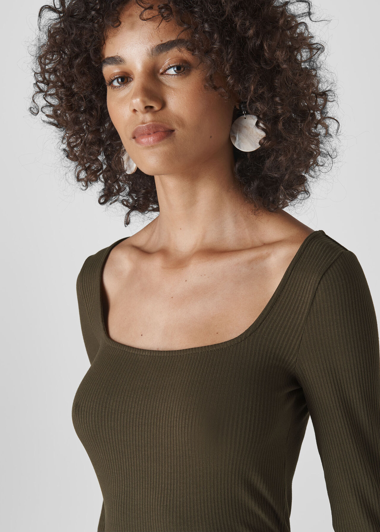 Khaki Square Neck Ribbed Top | WHISTLES