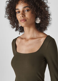 Square Neck Ribbed Top Khaki