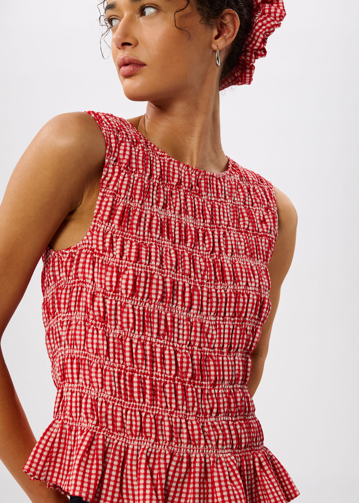 Red/White Gingham Shirred Top | WHISTLES | Whistles US |