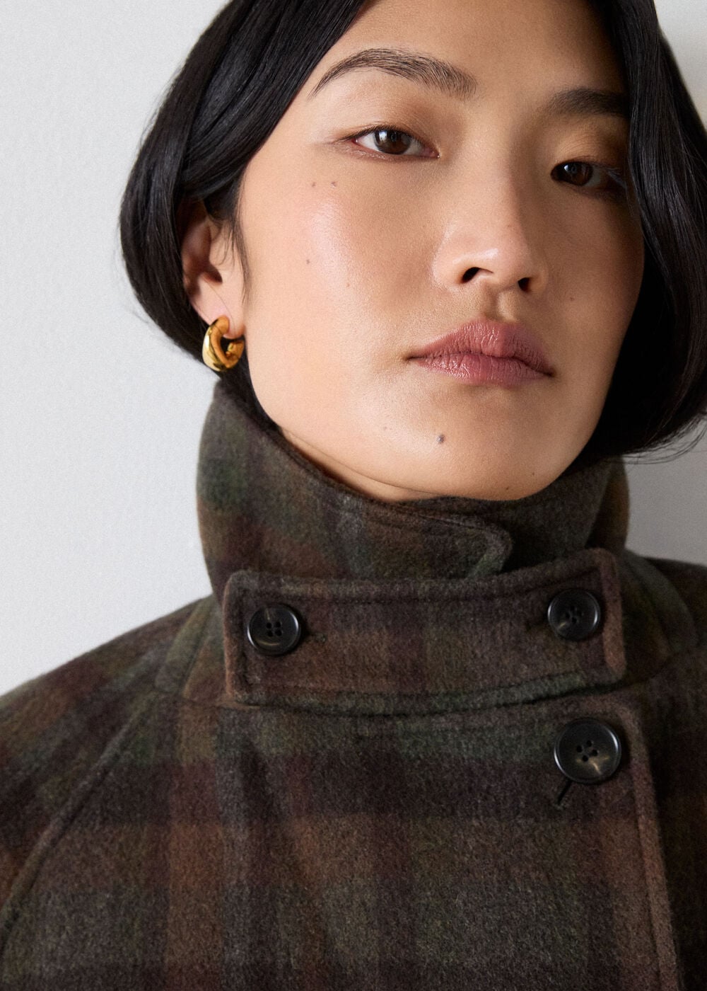 Khaki Funnel Neck Check Coat