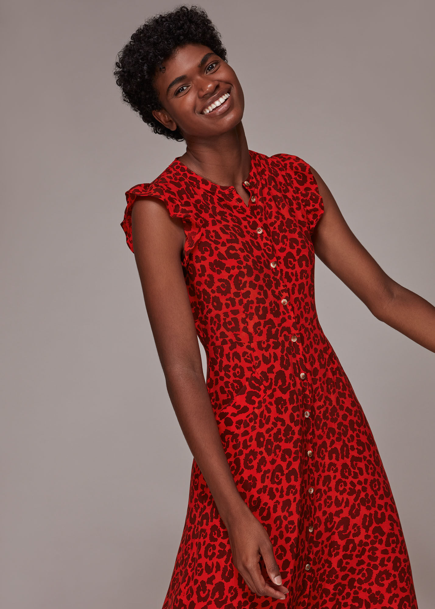 Red/Multi Animal Frill Sleeve Midi Dress WHISTLES