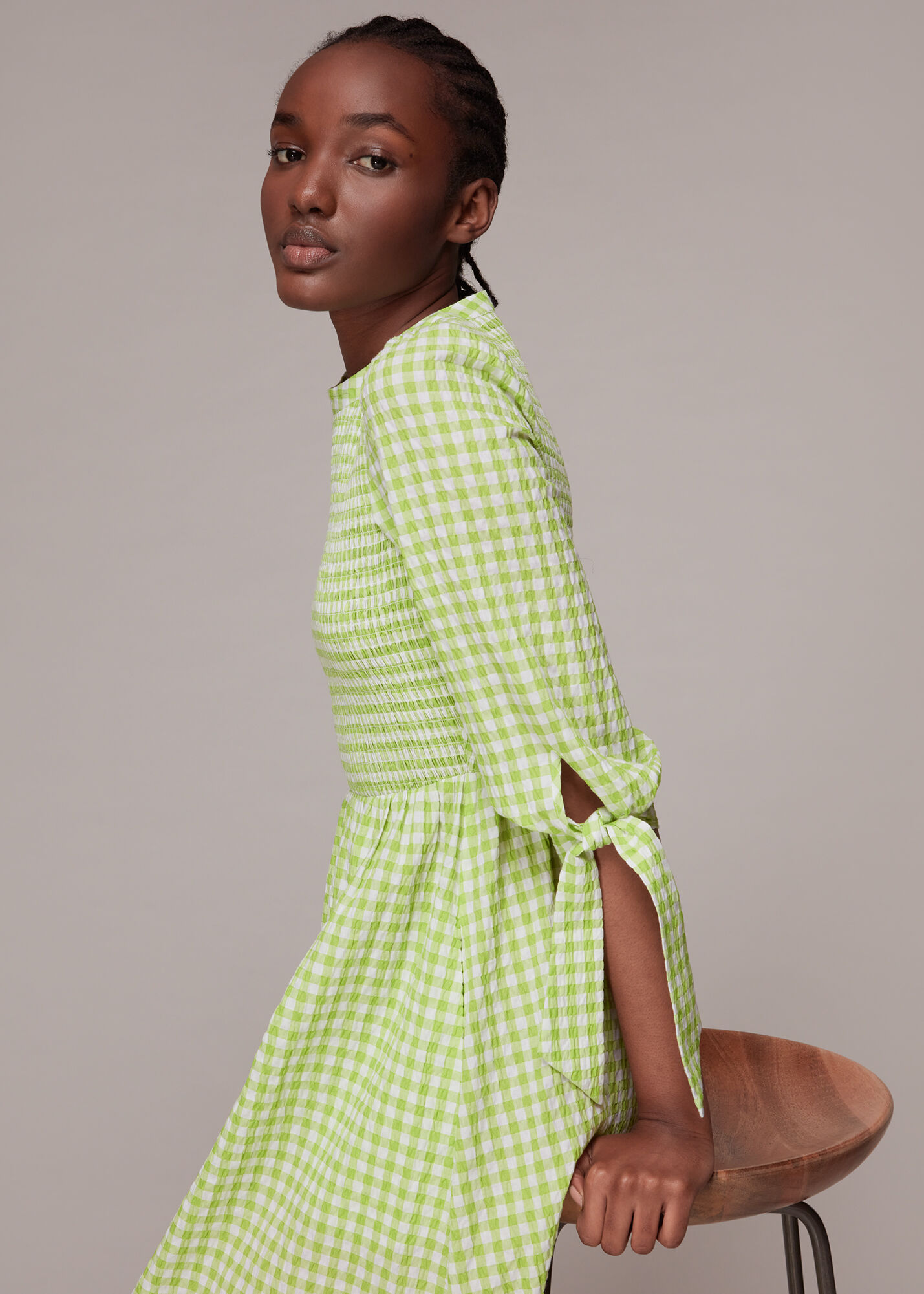 Gingham Check Shirred Dress