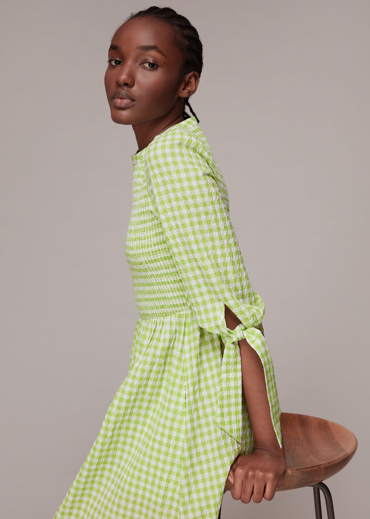 Gingham Check Shirred Dress