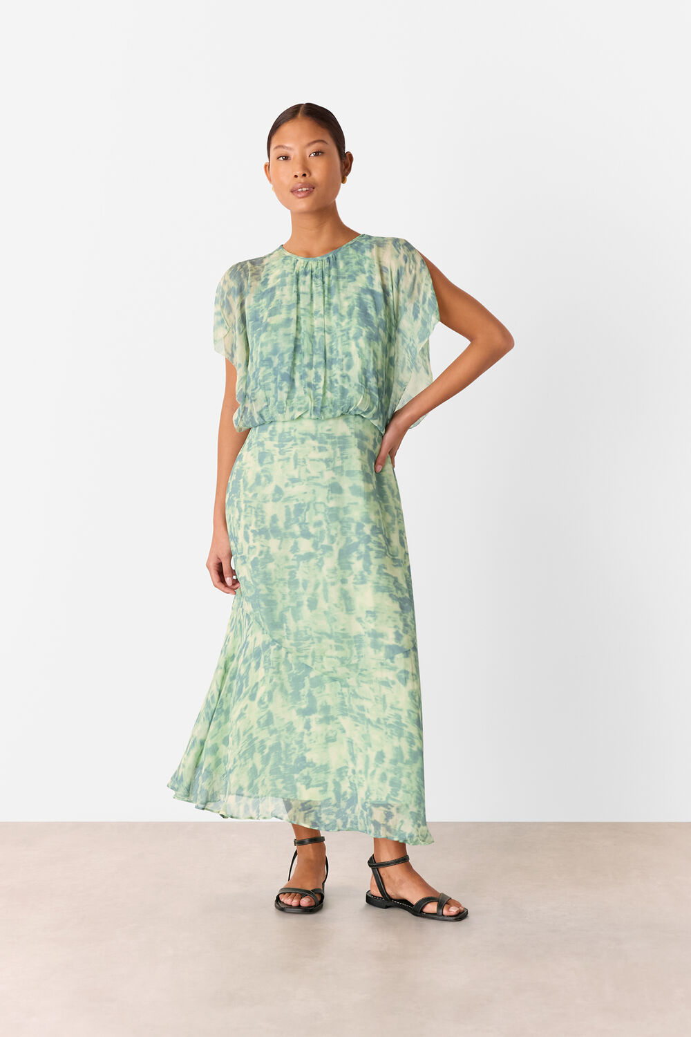 Green Petite Dashed Brush Marks Midi Dress