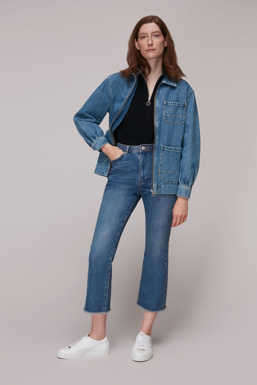 Zip Front Denim Cargo Jacket