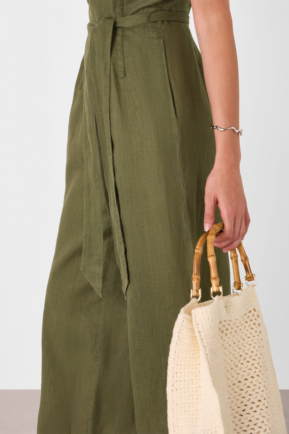 Khaki Belted Seamed Linen Jumpsuit