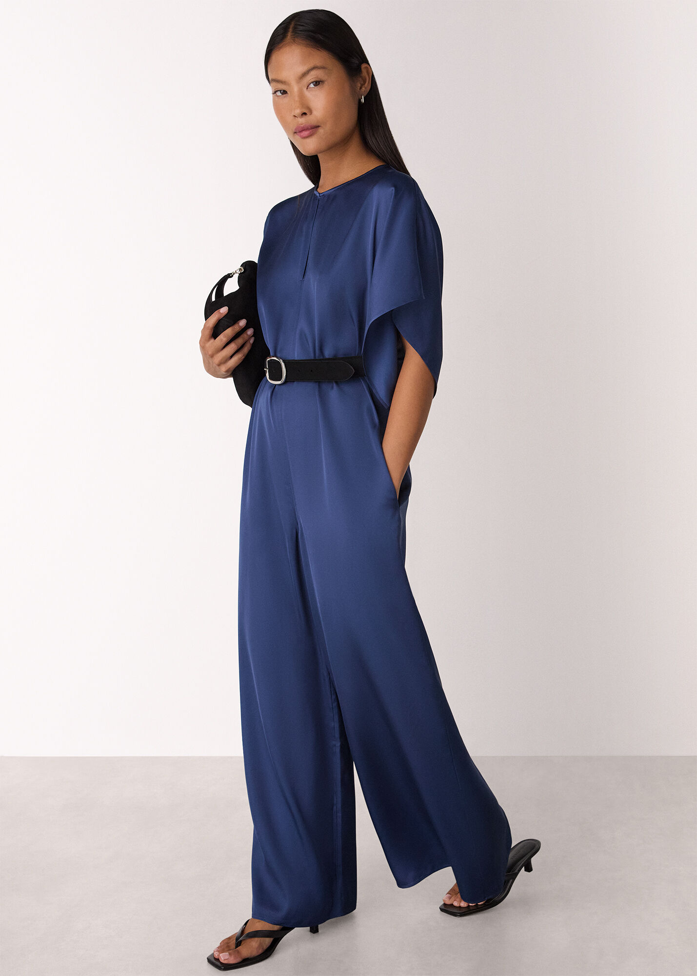 Navy Petite Satin Short Sleeve Jumpsuit | WHISTLES | Whistles US |