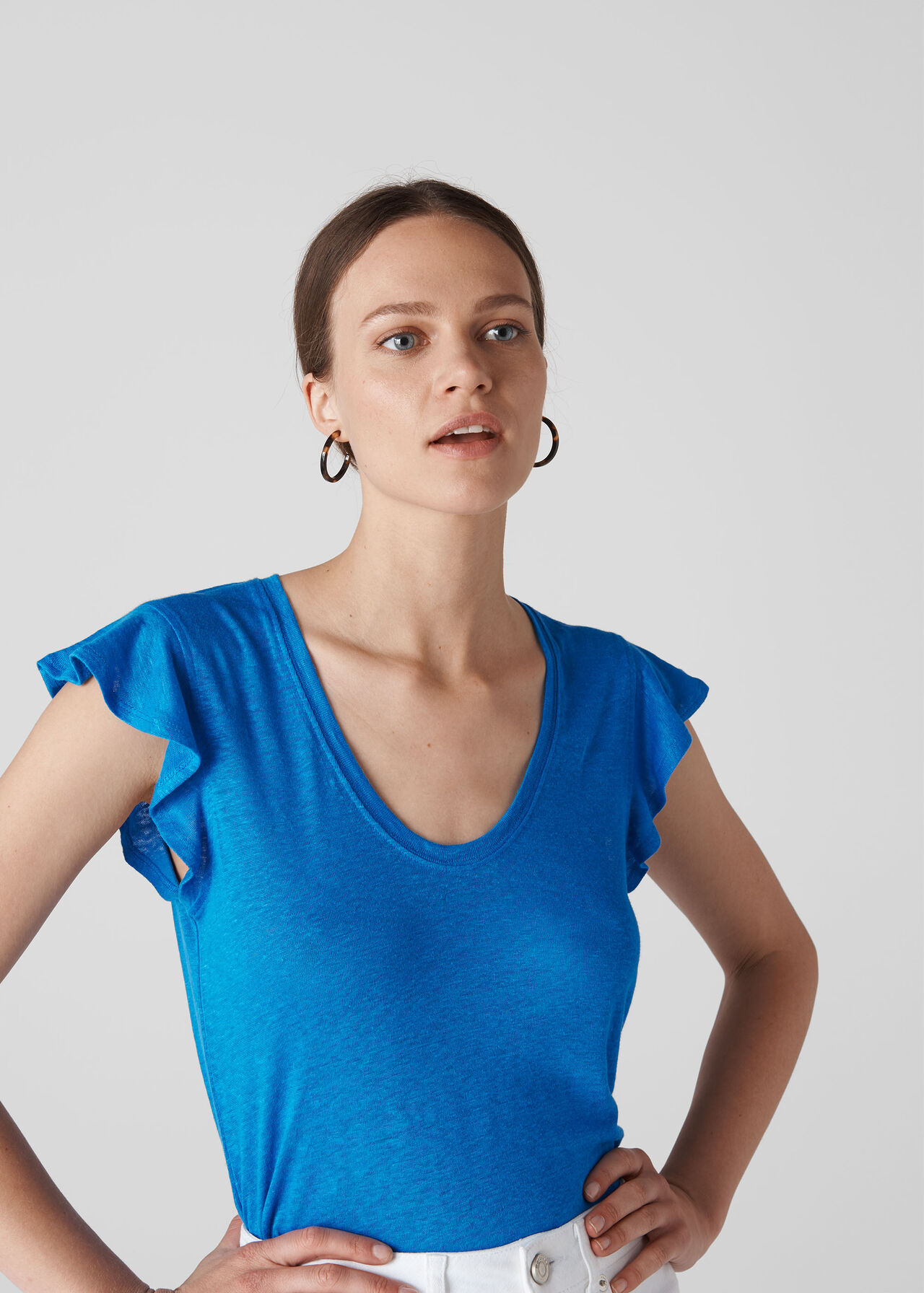 Frill Sleeveless Linen Top Blue